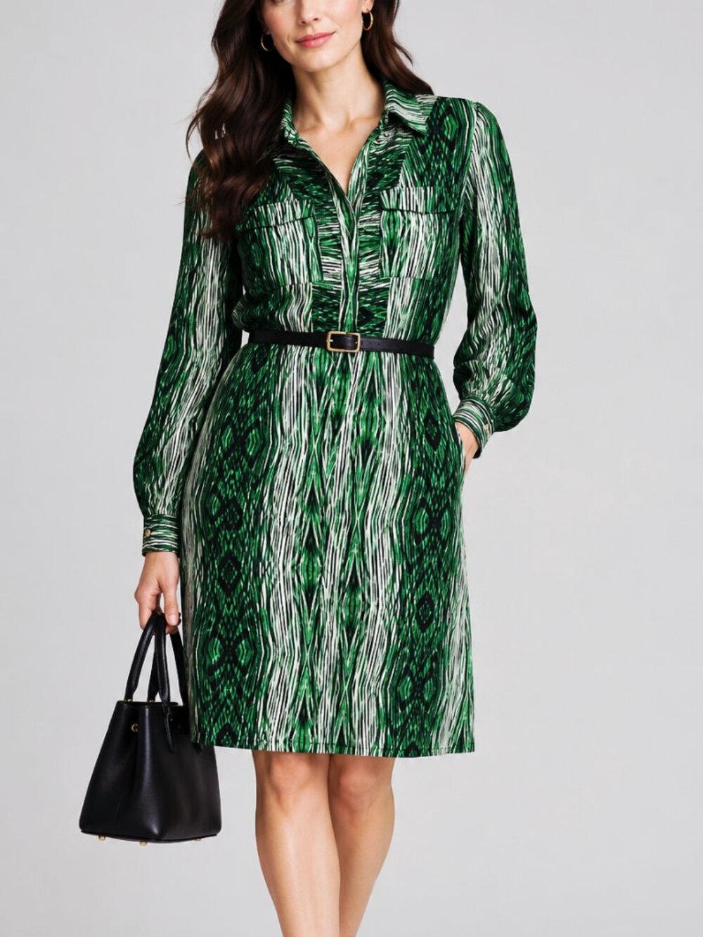 Derek Lam for Design Nation | Green Black Woodgrain Shirt Dress Pockets XL